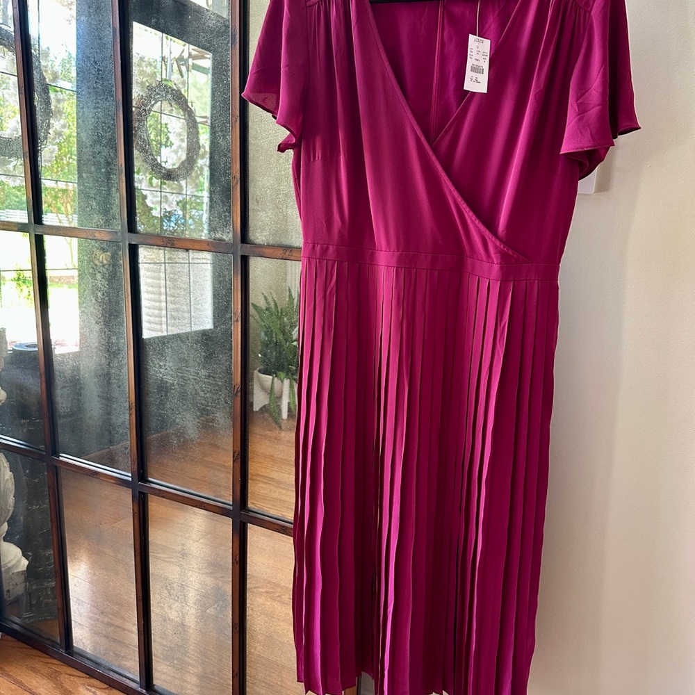 J. Crew Red Pleated Wrap Midi Dress with Flutter Sleeves